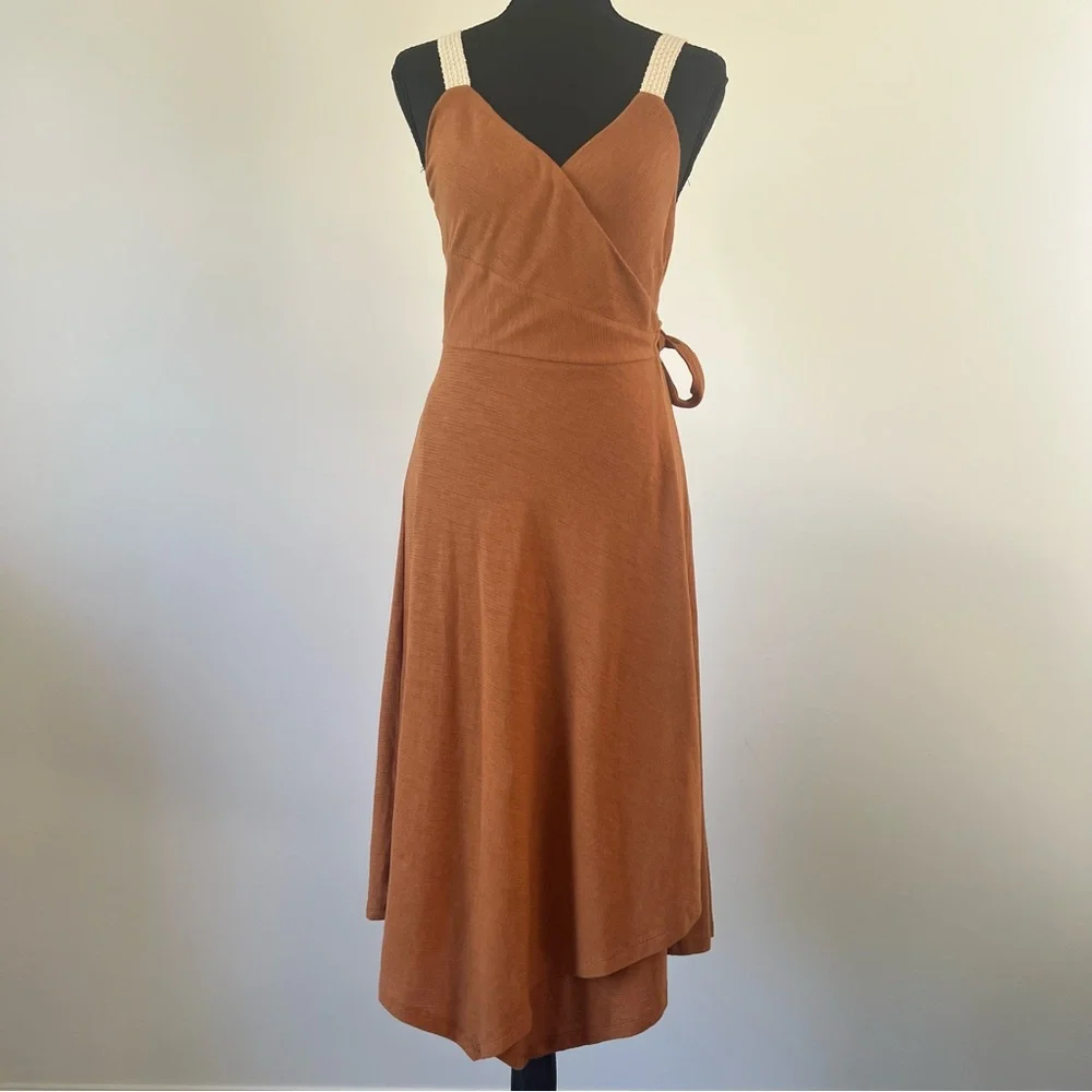 Anthro Akemi Kin Rust Wrap Midi Dress Tie Waist A-Line Boho - Picture 1 of 8